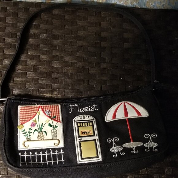 Handbags - Black Shoulder Bag with Florist Design